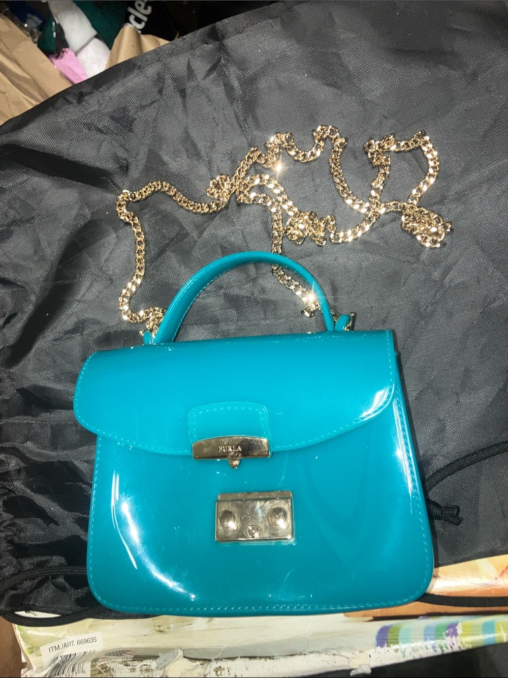 Furla Turquoise Patent Top-Handle Crossbody Bag with Gold Chain